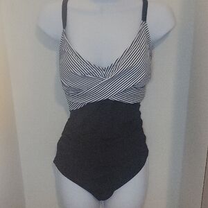 Striped Black & White Ruched Tieback Swimsuit